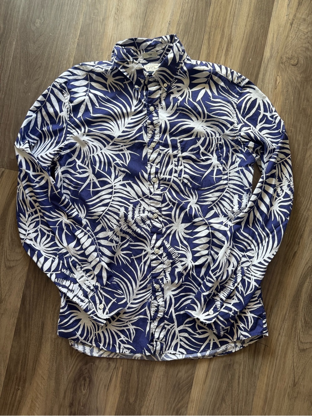 J.Crew Secret Wash Shirt Mens Large L Slim Fit Blue White Palm Leaf Stretch